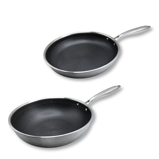 Wok en Koekenpannenset 2-delig 28cm - Antiaanbak - PFAS vrij - Zwart- RVS - Daimond PRO